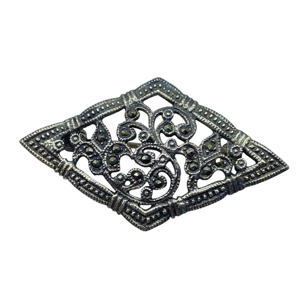 Vintage Sterling Silver Marcasite Brooch Ornate Filigree Art Deco 15$